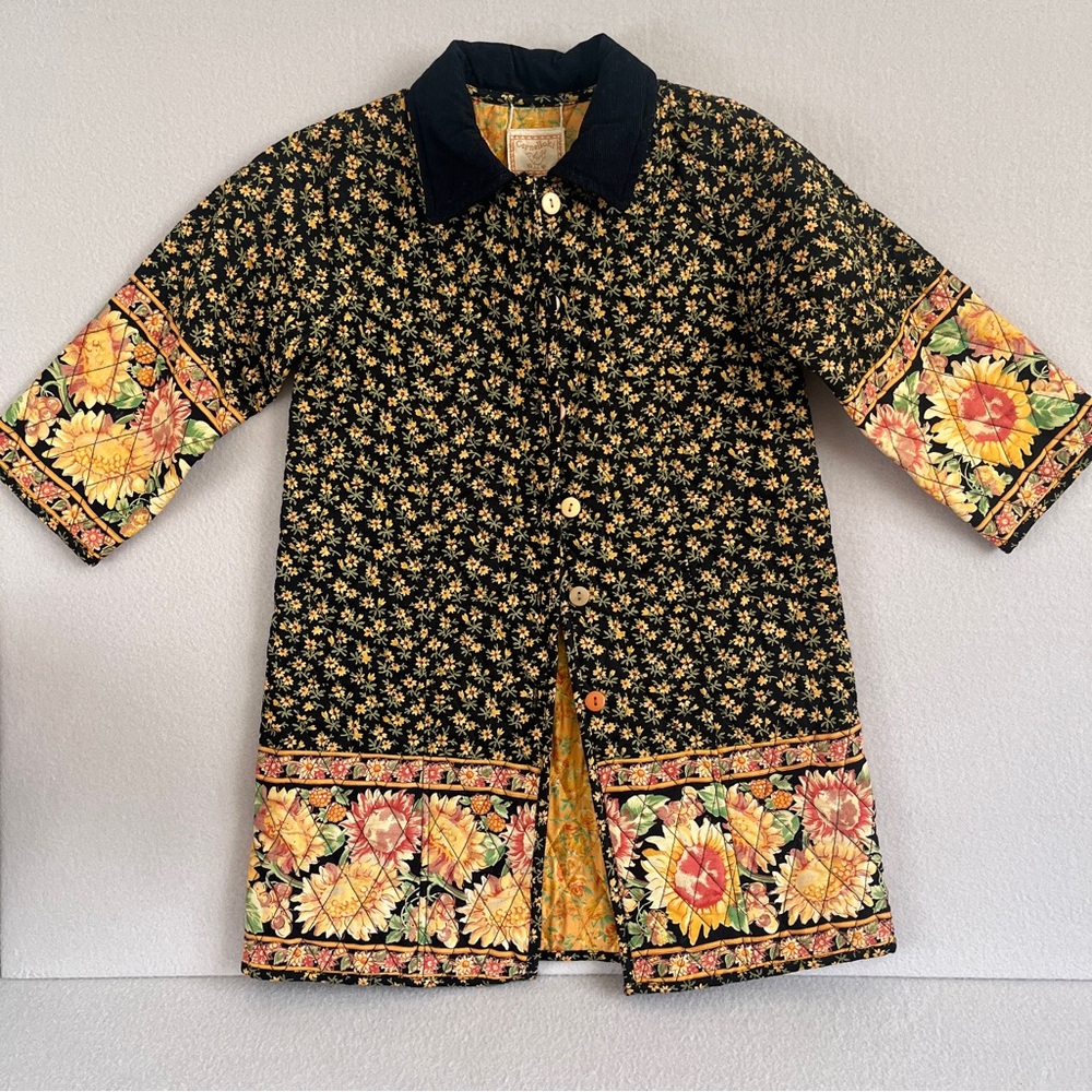 Vintage Cornelloki Quilted Sunflower Floral Long Jacket Sz 3/4 Cottagecore EUC